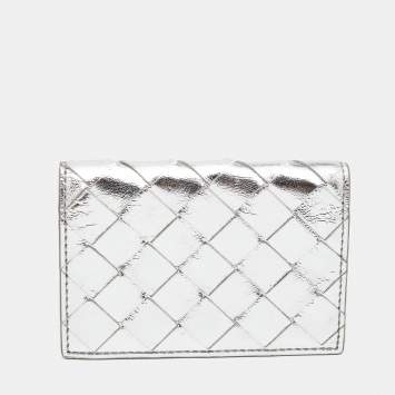 Pre Owned Bottega Veneta Silver Intrecciato Leather Flap Card Case