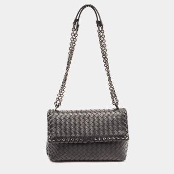 Pre Owned Bottega Veneta Black Intrecciato Leather Olimpia Flap Shoulder Bag