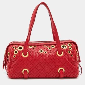Pre Owned Bottega Veneta Red Intrecciato Leather Grommet Satchel