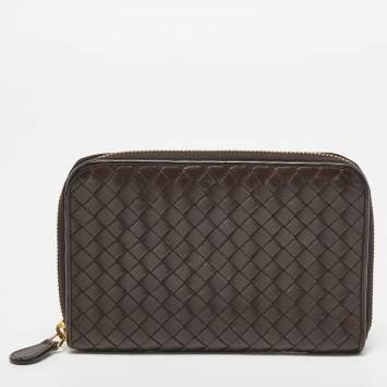 Pre Owned Bottega Veneta Dark Brown Intrecciato Leather Zip Around Wallet Organizer