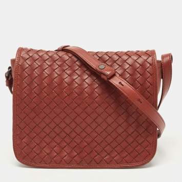 Pre Owned Bottega Veneta Brown Intrecciato Leather Flap Crossbody Bag
