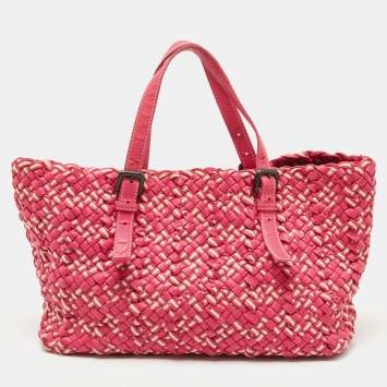 Pre Owned Bottega Veneta Pink/Beige Top Woven Leather Shopper Tote