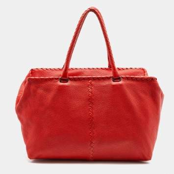 Pre Owned Bottega Veneta Orange Cervo Intrecciato Leather Large Brick Bag