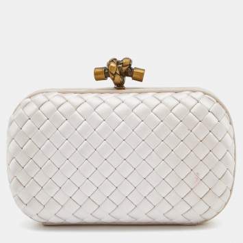 Pre Owned Bottega Veneta Beige Intrecciato Satin and Suede Knot Clutch