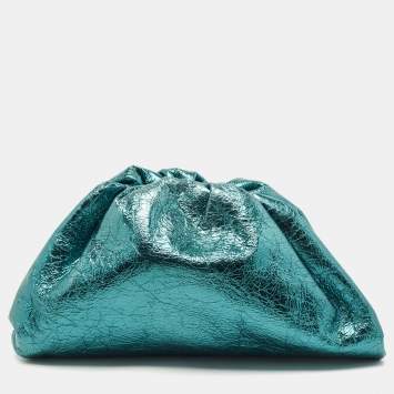 Pre Owned Bottega Veneta Metallic Green Leather The Pouch Clutch
