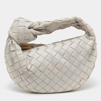 Pre Owned Bottega Veneta Off White Intrecciato Leather Mini Jodie Hobo