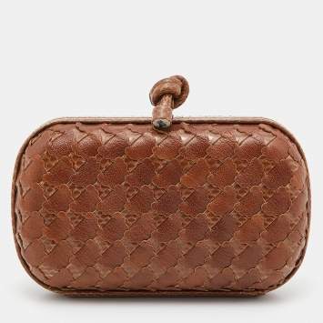 Pre Owned Bottega Veneta Brown Intrecciato Watersnake and Leather Knot Clutch
