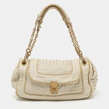 Pre Owned Bottega Veneta Ivory/Gold Intrecciato Leather Napoli Shoulder Bag
