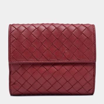 Pre Owned Bottega Veneta Reddish Brown Intrecciato Leather French Compact Wallet