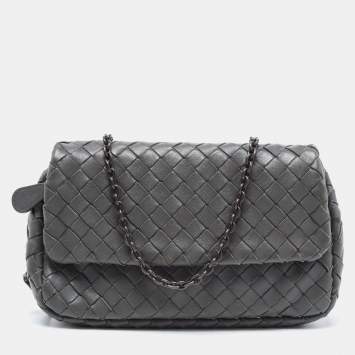 Pre Owned Bottega Veneta Grey Intrecciato Leather Flap Chain Crossbody Bag