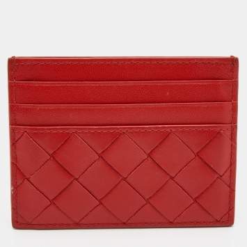 Pre Owned Bottega Veneta Red Intrecciato Leather Card Holder