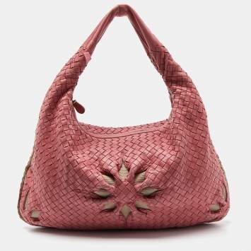 Pre Owned Bottega Veneta Pink Intrecciato Leather and Canvas Floral Cutout Hobo