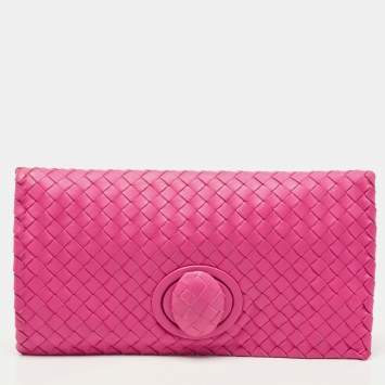 Pre Owned Bottega Veneta Pink Intrecciato Leather Twist Lock Flap Clutch