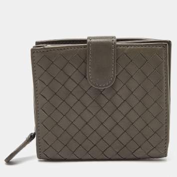 Pre Owned Bottega Veneta Grey Intrecciato Leather French Compact Wallet