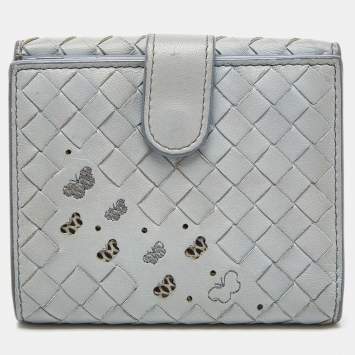 Pre Owned Bottega Veneta Blue Intrecciato Leather Butterfly French Wallet