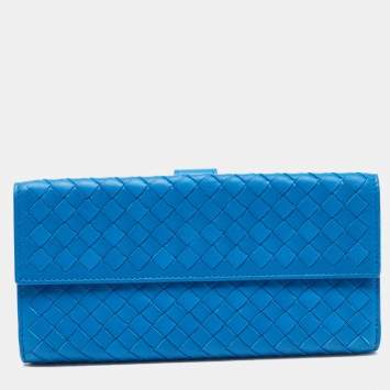 Pre Owned Bottega Veneta Blue Intrecciato Leather French Flap Continental Wallet