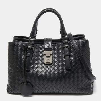 Pre Owned Bottega Veneta Black Intrecciato Leather Small Roma Tote