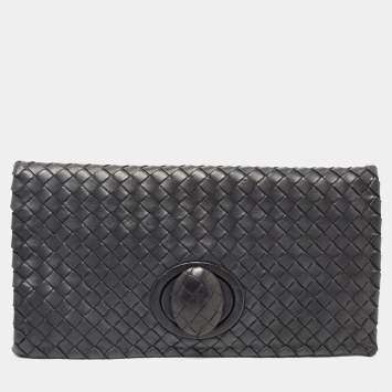 Pre Owned Bottega Veneta Black Intrecciato Leather Twist Lock Flap Clutch