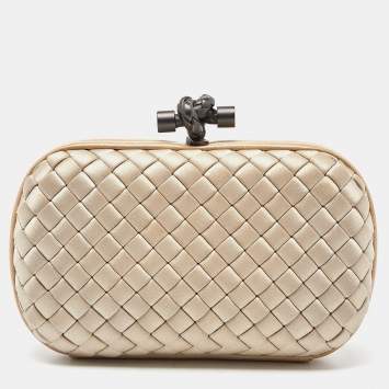 Pre Owned Bottega Veneta Cream Intrecciato Satin and Watersnake Knot Clutch