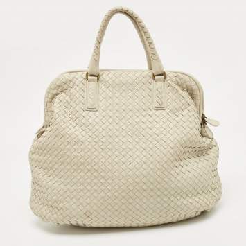 Pre Owned Bottega Veneta Off White Intrecciato Leather Large Top Frame Satchel