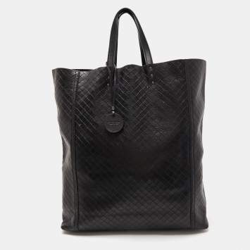 Pre Owned Bottega Veneta Black Intrecciato Leather Shopper Tote