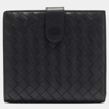 Pre Owned Bottega Veneta Black Intrecciato Leather French Compact Wallet