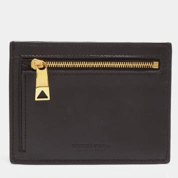 Pre Owned Bottega Veneta Brown Intrecciato Leather Zip Card Holder 