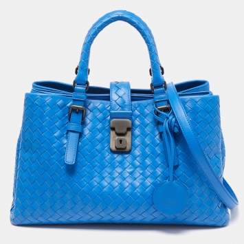 Pre Owned Bottega Veneta Blue Intrecciato Leather Small Roma Tote
