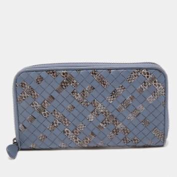 Pre Owned Bottega Veneta Light Blue Intrecciato Leather and Watersnake Zip Around Continental Wallet