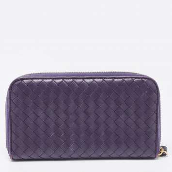 Pre Owned Bottega Veneta Purple Intrecciato Leather Zip Around Wallet