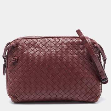Pre Owned Bottega Veneta Burgundy Intrecciato Leather Nodini Crossbody Bag
