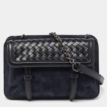 Pre Owned Bottega Veneta Blue/Black Intrecciato Suede and Karung Leather Crossbody Bag