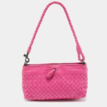 Pre Owned Bottega Veneta Pink Intrecciato Leather Magnetic Clutch Bag