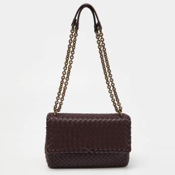 Pre Owned Bottega Veneta Burgundy Intrecciato Leather Olimpia Flap Shoulder Bag