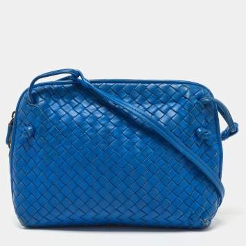 Pre Owned Bottega Veneta Blue Intrecciato Leather Nodini Crossbody Bag