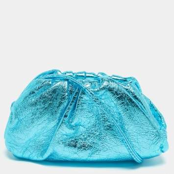 Pre Owned Bottega Veneta Metallic Blue Leather Extra Mini The Pouch 