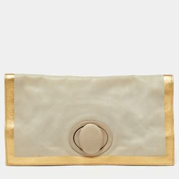 Pre Owned Bottega Veneta Grey/Gold Leather Twist Lock Flap Clutch