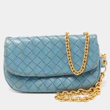 Pre Owned Bottega Veneta Light Blue Intrecciato Leather Card Case Flap On Chain
