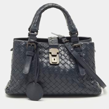 Pre Owned Bottega Veneta Navy Blue Intrecciato Leather Mini Roma Tote