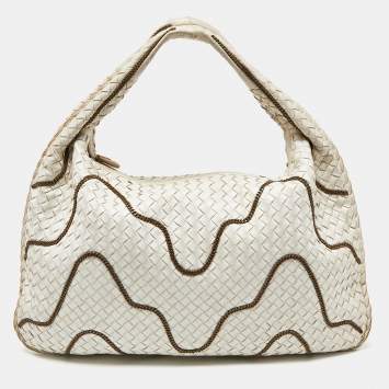 Pre Owned Bottega Veneta Off White Intrecciato Leather Chain Link Veneta Hobo