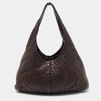 Pre Owned Bottega Veneta Dark Brown Intrecciato Leather Zip Hobo