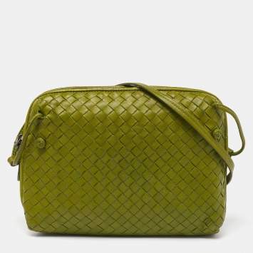 Pre Owned Bottega Veneta Olive Green Intrecciato Leather Nodini Crossbody Bag