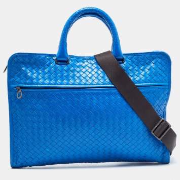 Pre Owned Bottega Veneta Blue Intrecciato Leather Zip Briefcase Bag