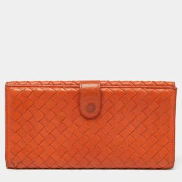 Pre Owned Bottega Veneta Orange Intrecciato Leather Flap Continental Wallet