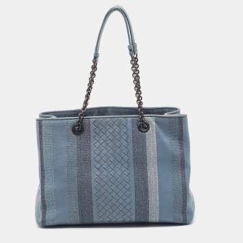 Pre Owned Bottega Veneta Light Blue Intrecciato Leather Stripe Chain Tote