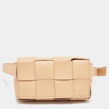 Pre Owned Bottega Veneta Beige Intrecciato Leather Mini Cassette Belt Bag