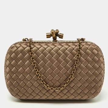 Pre Owned Bottega Veneta Brown Intrecciato Satin and Watersnake Leather Knot Chain Clutch