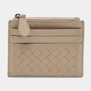 Pre Owned Bottega Veneta Grey Intrecciato Leather Zip Card Holder