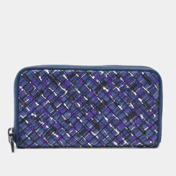 Pre Owned Bottega Veneta Purple Intrecciato Leather Zip Around Wallet