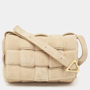 Pre Owned Bottega Veneta Beige Suede Intreccio Padded Cassette Flap Shoulder Bag